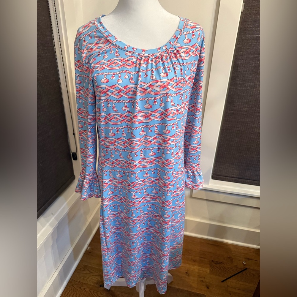 Barbara Gerwit. Long Sleeve Chain/Rope Print Dress. Periwinkle/Pink. Large